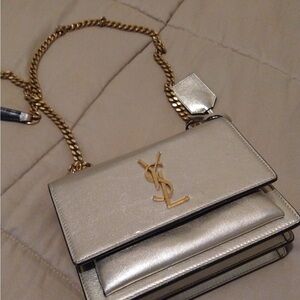 Saint Laurent Silver Metallic YSL Chain Crossbody Bag